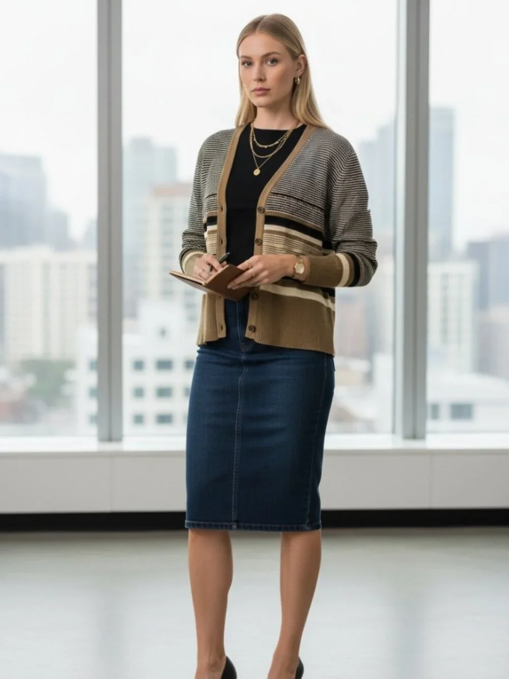 Y2k J. Crew Cardigan Sweater Medium Brown V‎ Neck Button Striped Office Siren
